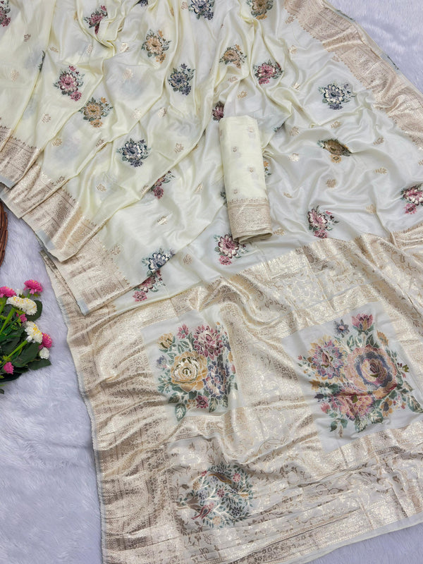 Cream Pure Viscose Muslin Saree with Floral Meenakari Weave and Arco Work Border