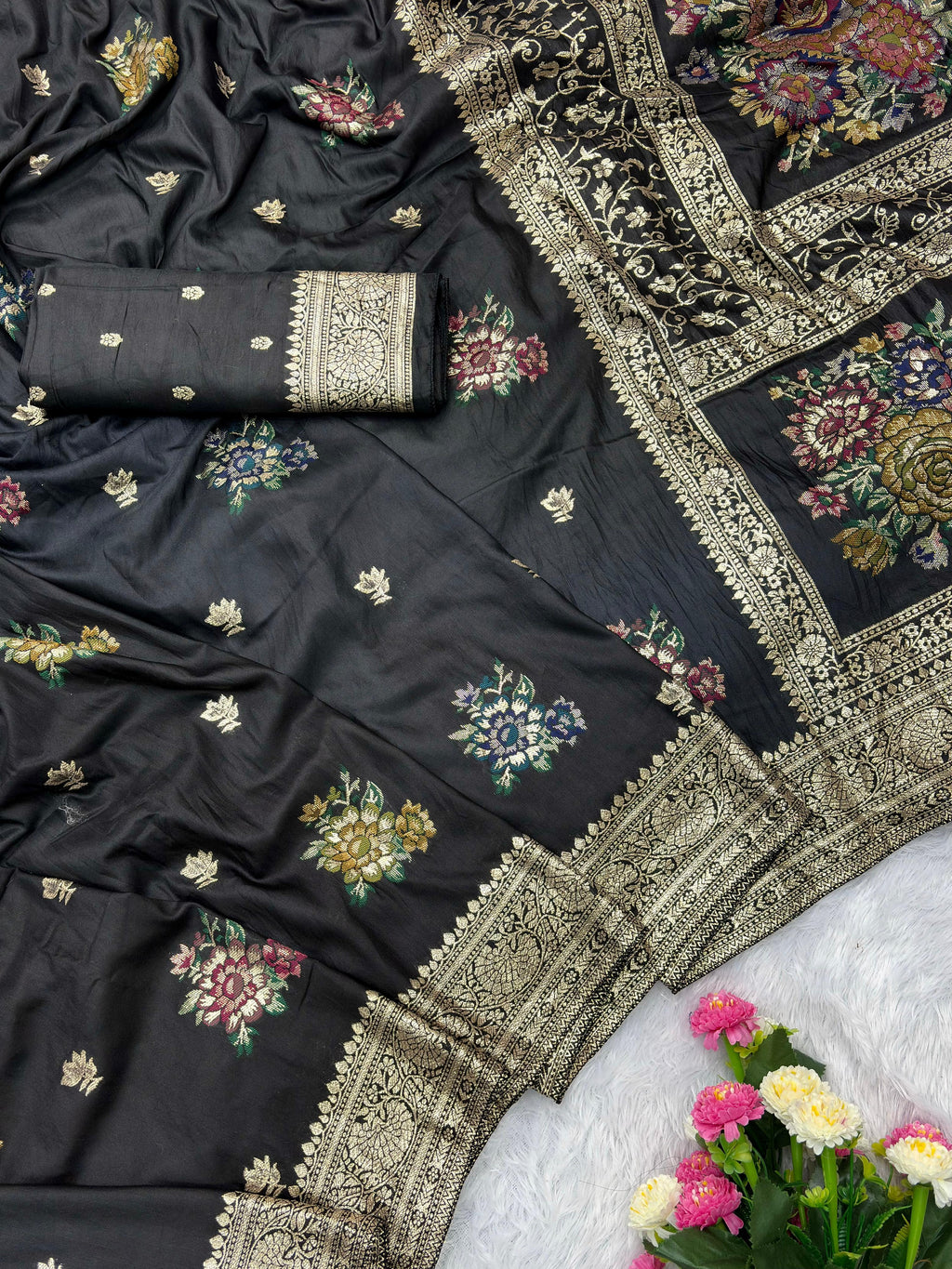 Black Pure Viscose Muslin Saree with Floral Meenakari Weave and Arco Work Border