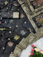 Black Pure Viscose Muslin Saree with Floral Meenakari Weave and Arco Work Border