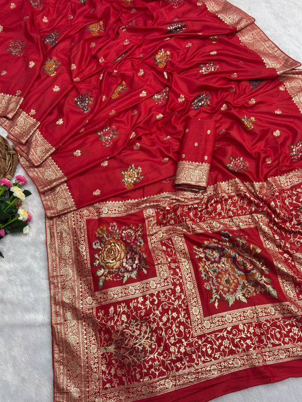 Red Pure Viscose Muslin Saree with Floral Meenakari Weave and Arco Work Border