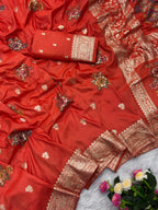 Orange Pure Viscose Muslin Saree with Floral Meenakari Weave and Arco Work Border
