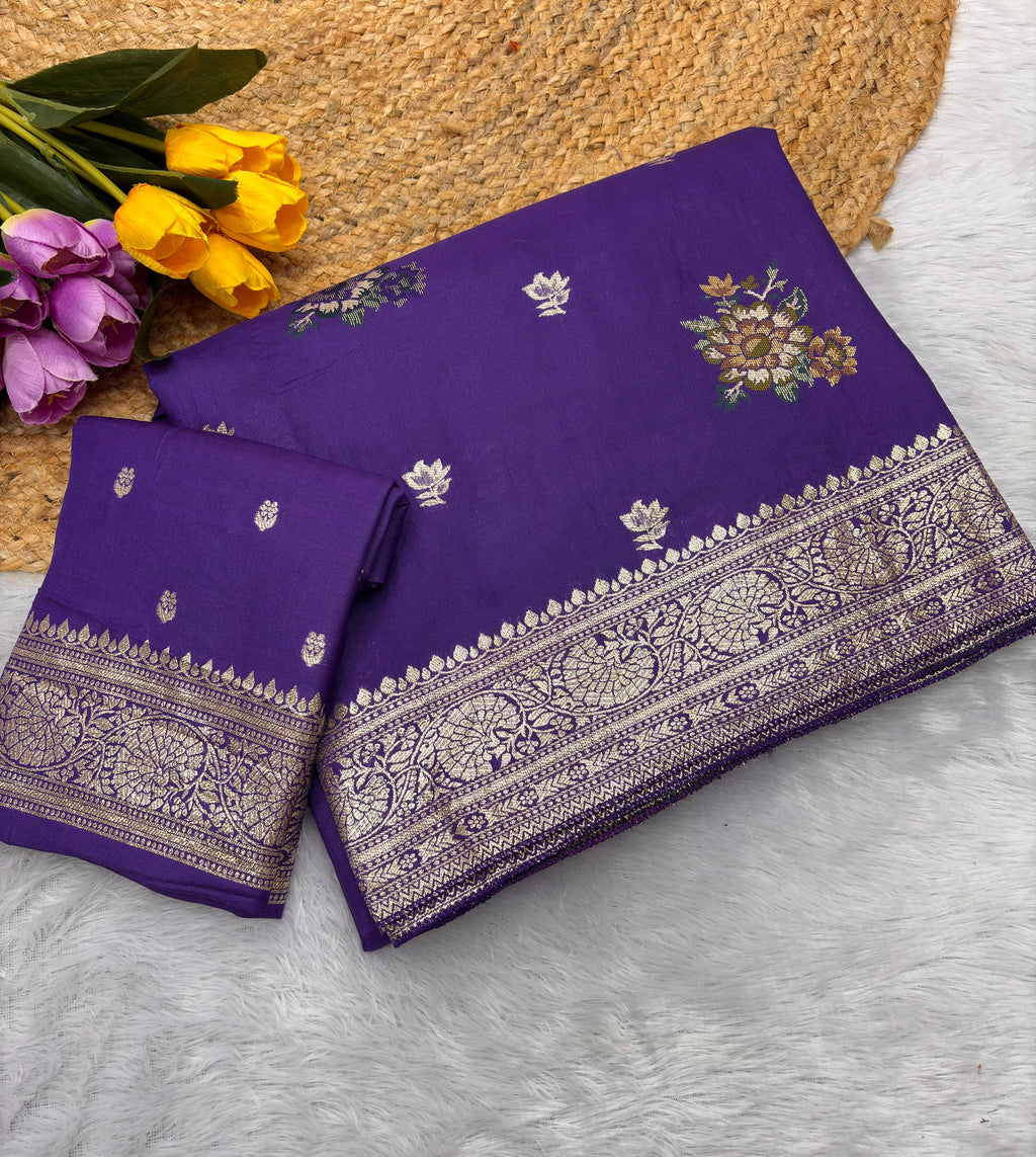 Purple Pure Viscose Muslin Saree with Floral Meenakari Weave and Arco Work Border