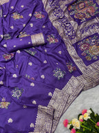 Purple Pure Viscose Muslin Saree with Floral Meenakari Weave and Arco Work Border