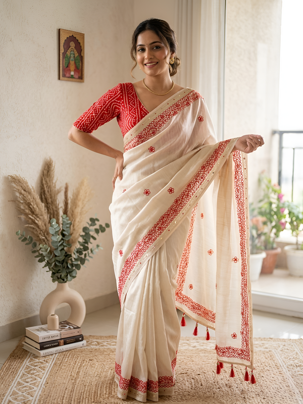 Ruhaniya Tussar Silk Saree – Cream Red Gotta Patti & Meenakari Border Work