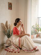 Ruhaniya Tussar Silk Saree – Cream Red Gotta Patti & Meenakari Border Work