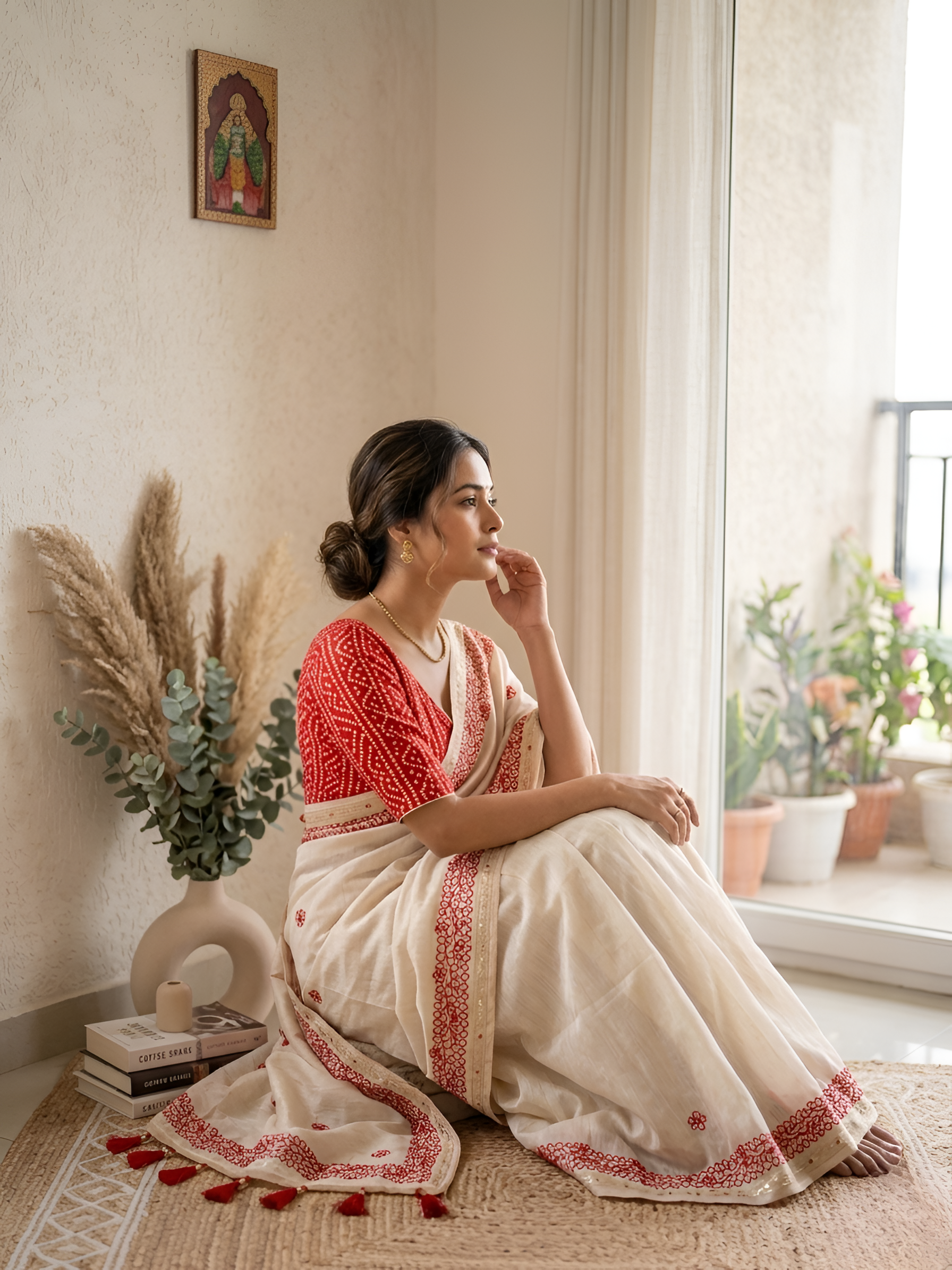 Ruhaniya Tussar Silk Saree – Cream Red Gotta Patti & Meenakari Border Work