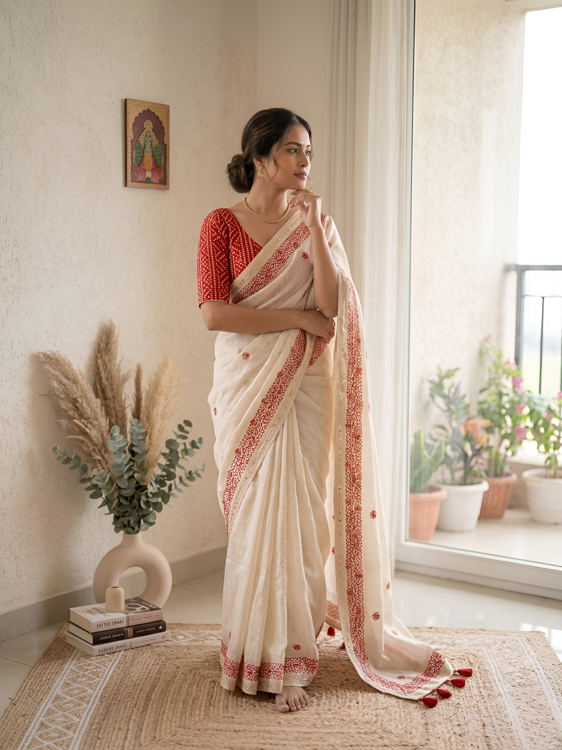 Ruhaniya Tussar Silk Saree – Cream Red Gotta Patti & Meenakari Border Work