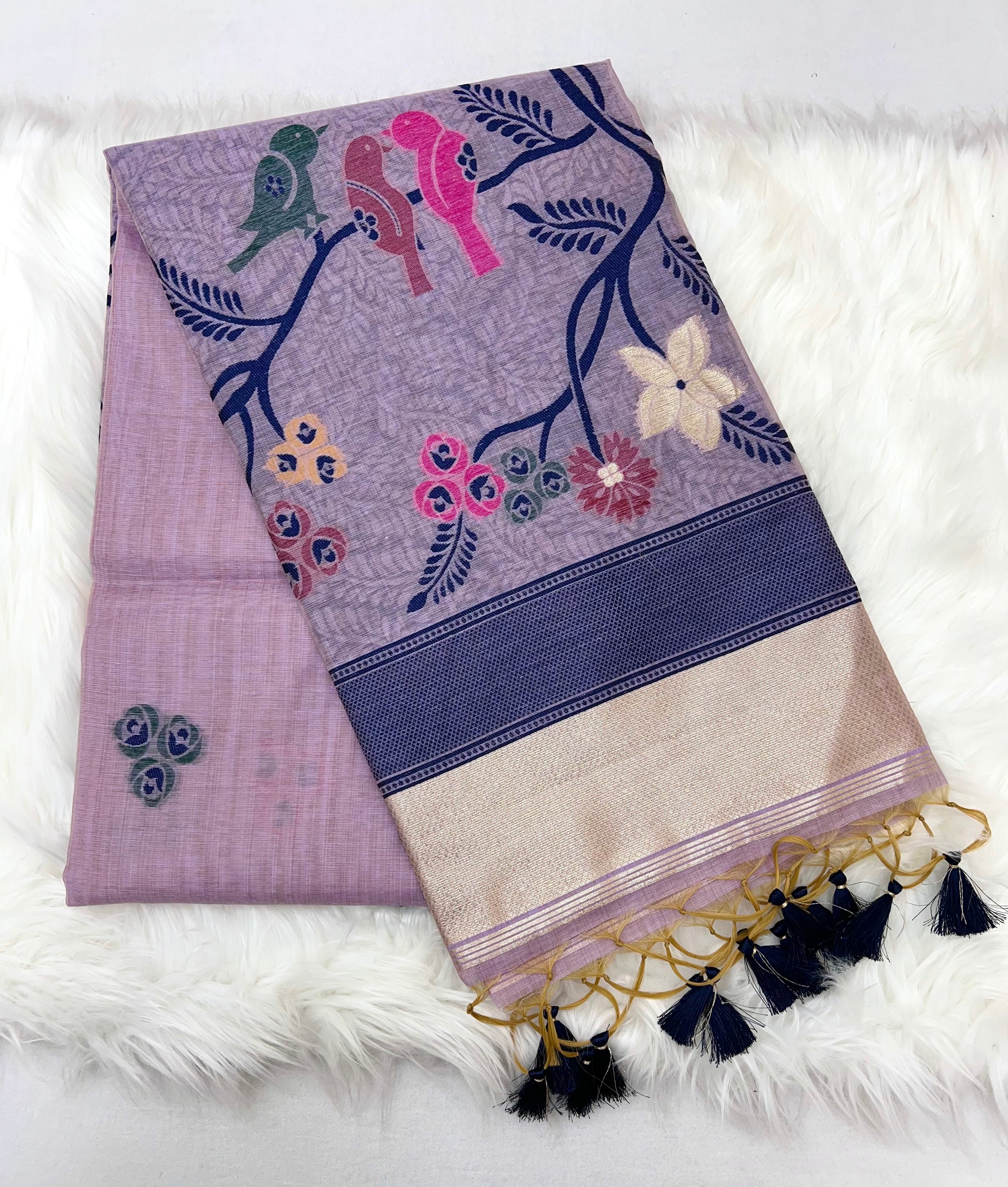 Lilac Soft Muga Silk Saree with Animal Thread Weave Pallu