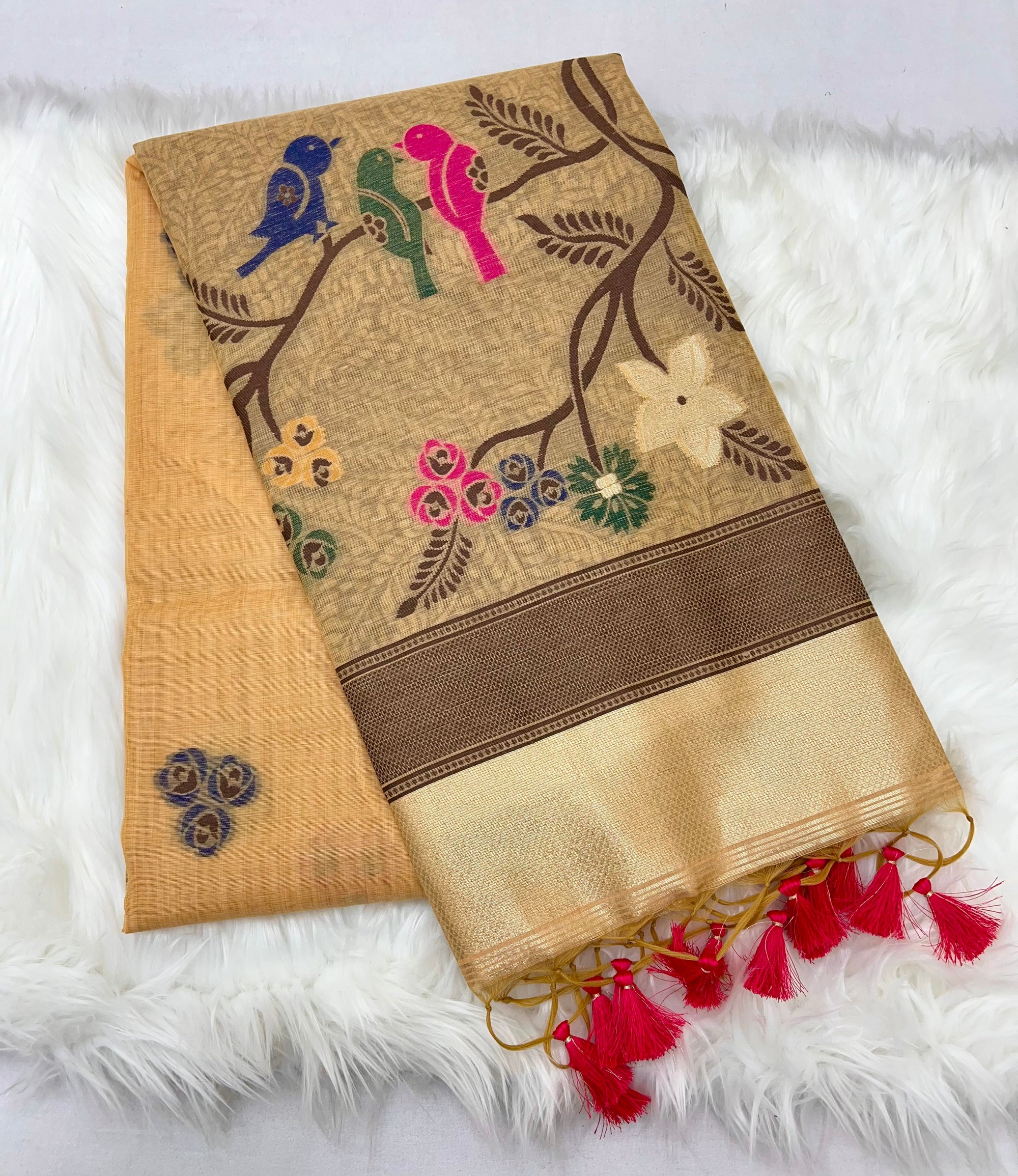 Mustard Soft Muga Silk Saree with Animal Thread Weave Pallu