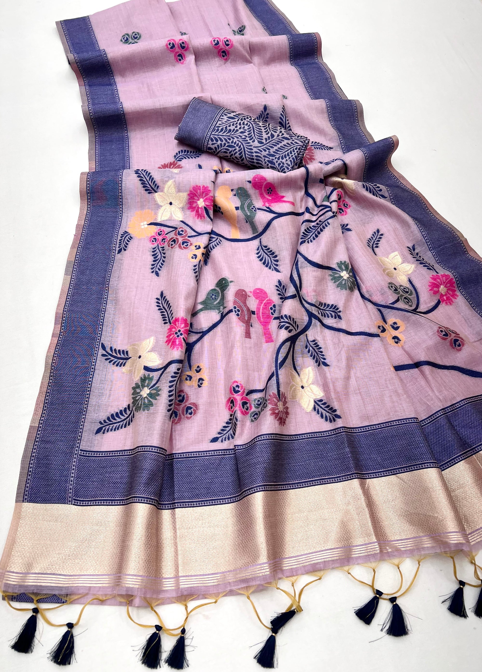 Lilac Soft Muga Silk Saree with Animal Thread Weave Pallu