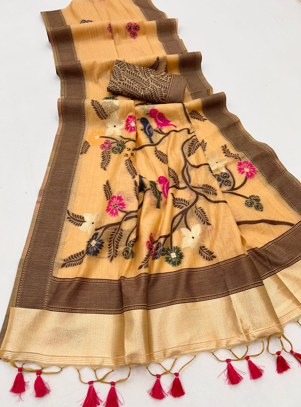 Mustard Soft Muga Silk Saree with Animal Thread Weave Pallu
