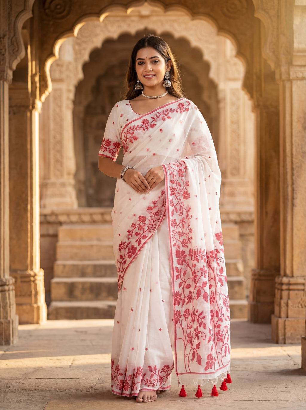 Soft Muga Silk Saree with Red & White Resham Thread Weave