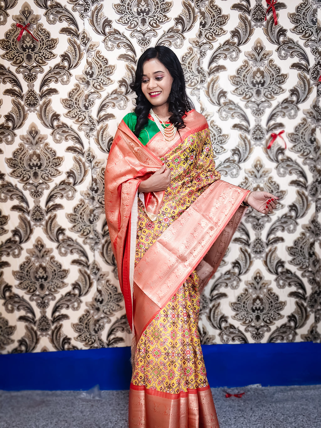 Yellow Soft Silk Patola Digital Printed Saree with Zari Checks & Jacquard Border