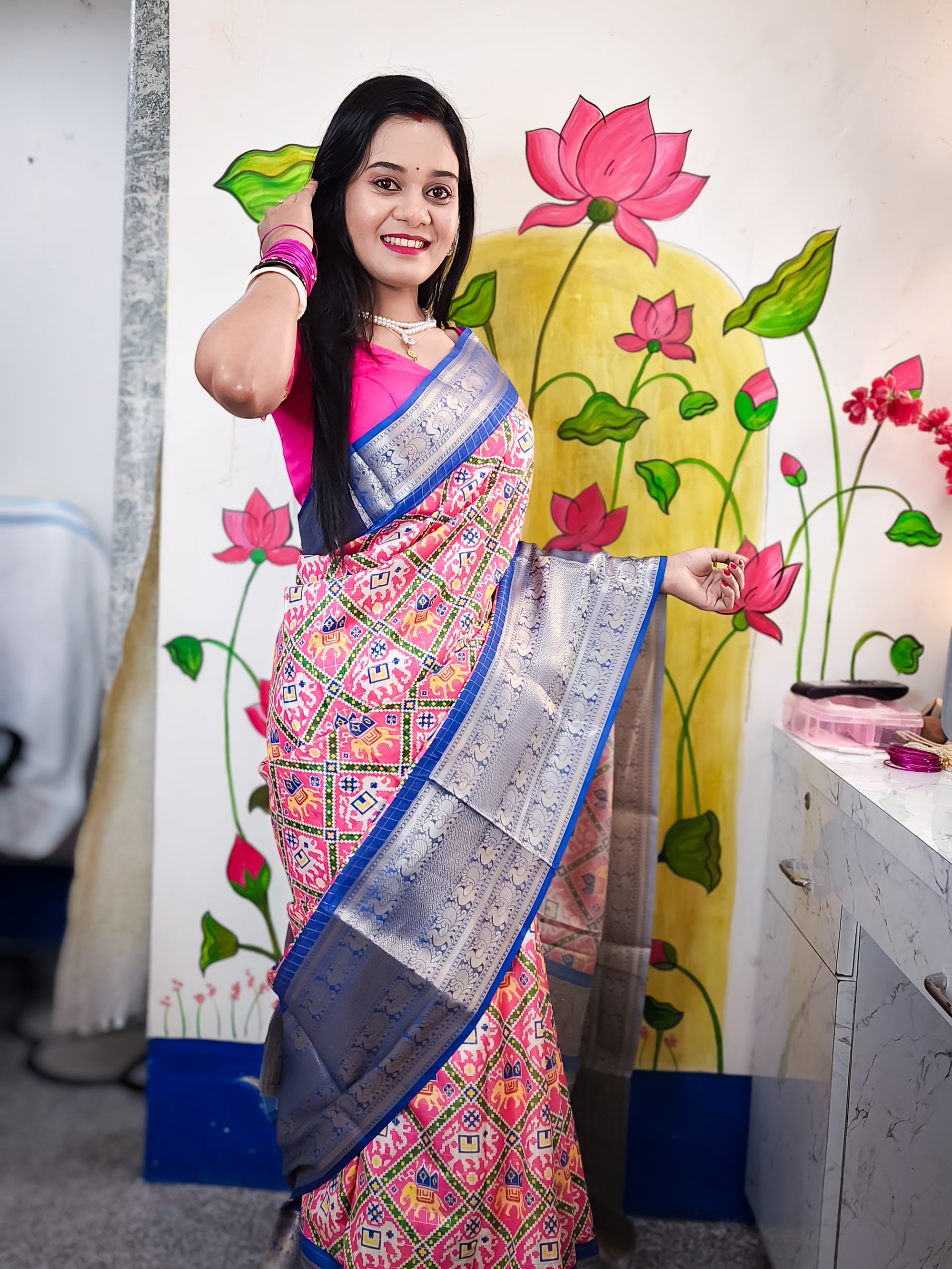 Pink Soft Silk Patola Digital Printed Saree with Zari Checks & Jacquard Border