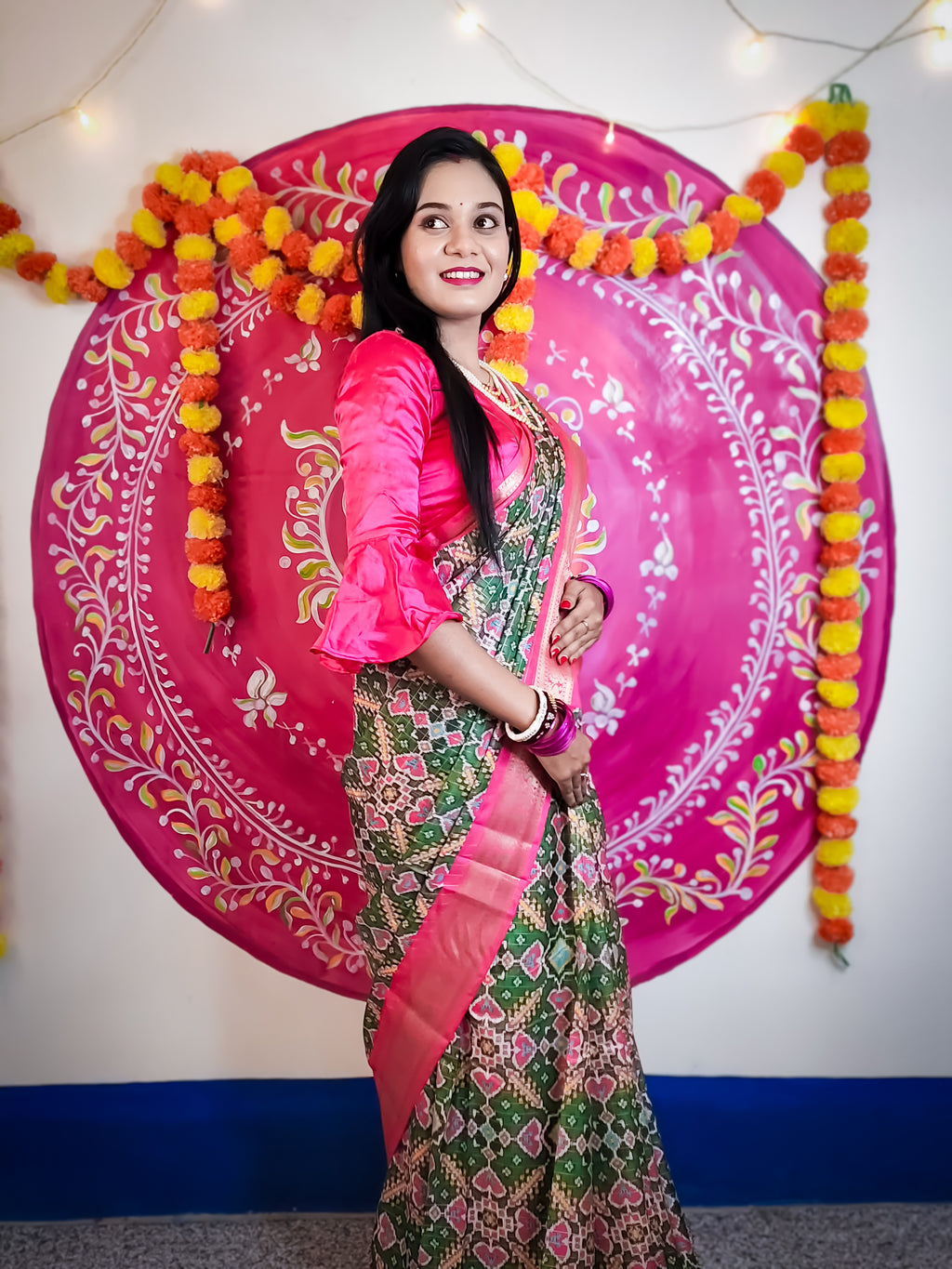 Green Soft Silk Patola Digital Printed Saree with Zari Checks & Jacquard Border