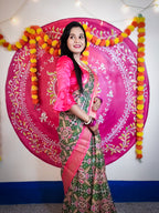 Green Soft Silk Patola Digital Printed Saree with Zari Checks & Jacquard Border