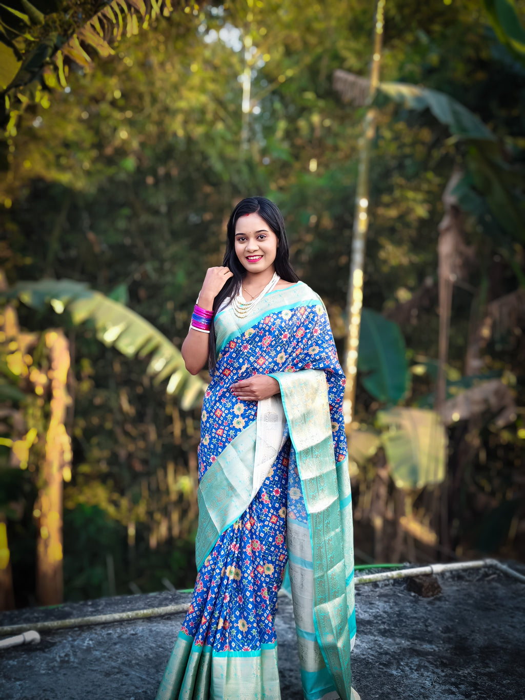Blue Soft Silk Patola Digital Printed Saree with Zari Checks & Jacquard Border