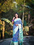 Blue Soft Silk Patola Digital Printed Saree with Zari Checks & Jacquard Border