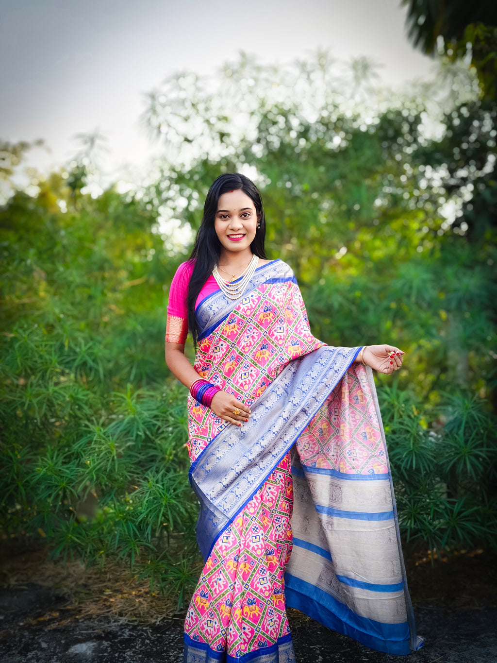 Pink Soft Silk Patola Digital Printed Saree with Zari Checks & Jacquard Border