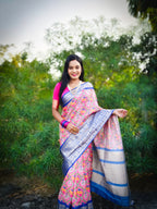 Pink Soft Silk Patola Digital Printed Saree with Zari Checks & Jacquard Border