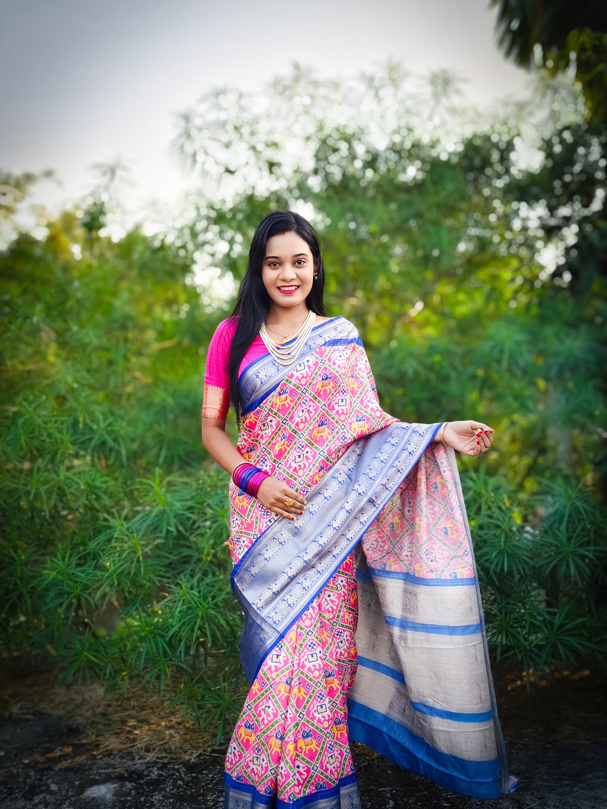 Pink Soft Silk Patola Digital Printed Saree with Zari Checks & Jacquard Border
