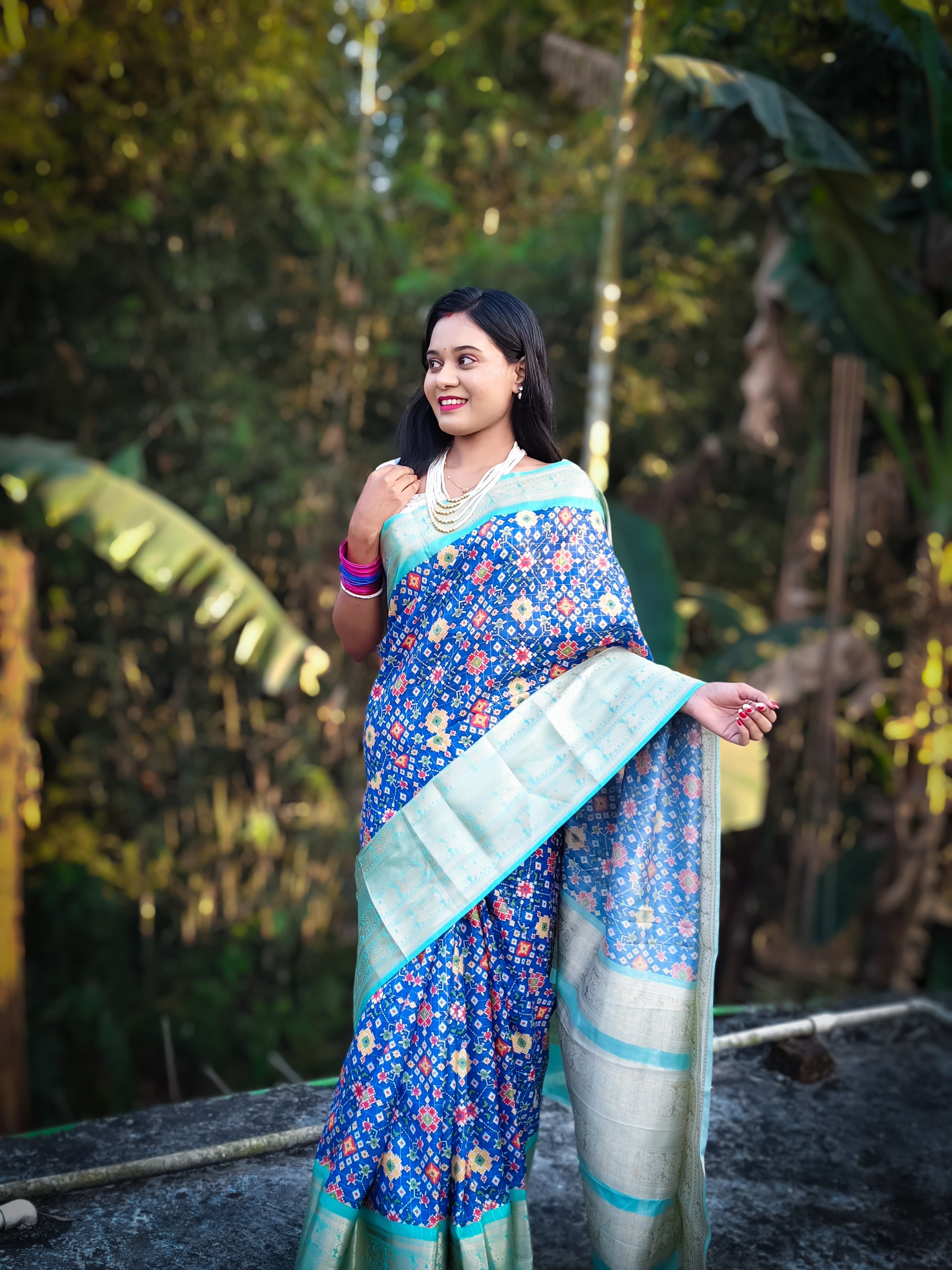 Blue Soft Silk Patola Digital Printed Saree with Zari Checks & Jacquard Border
