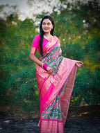 Green Soft Silk Patola Digital Printed Saree with Zari Checks & Jacquard Border