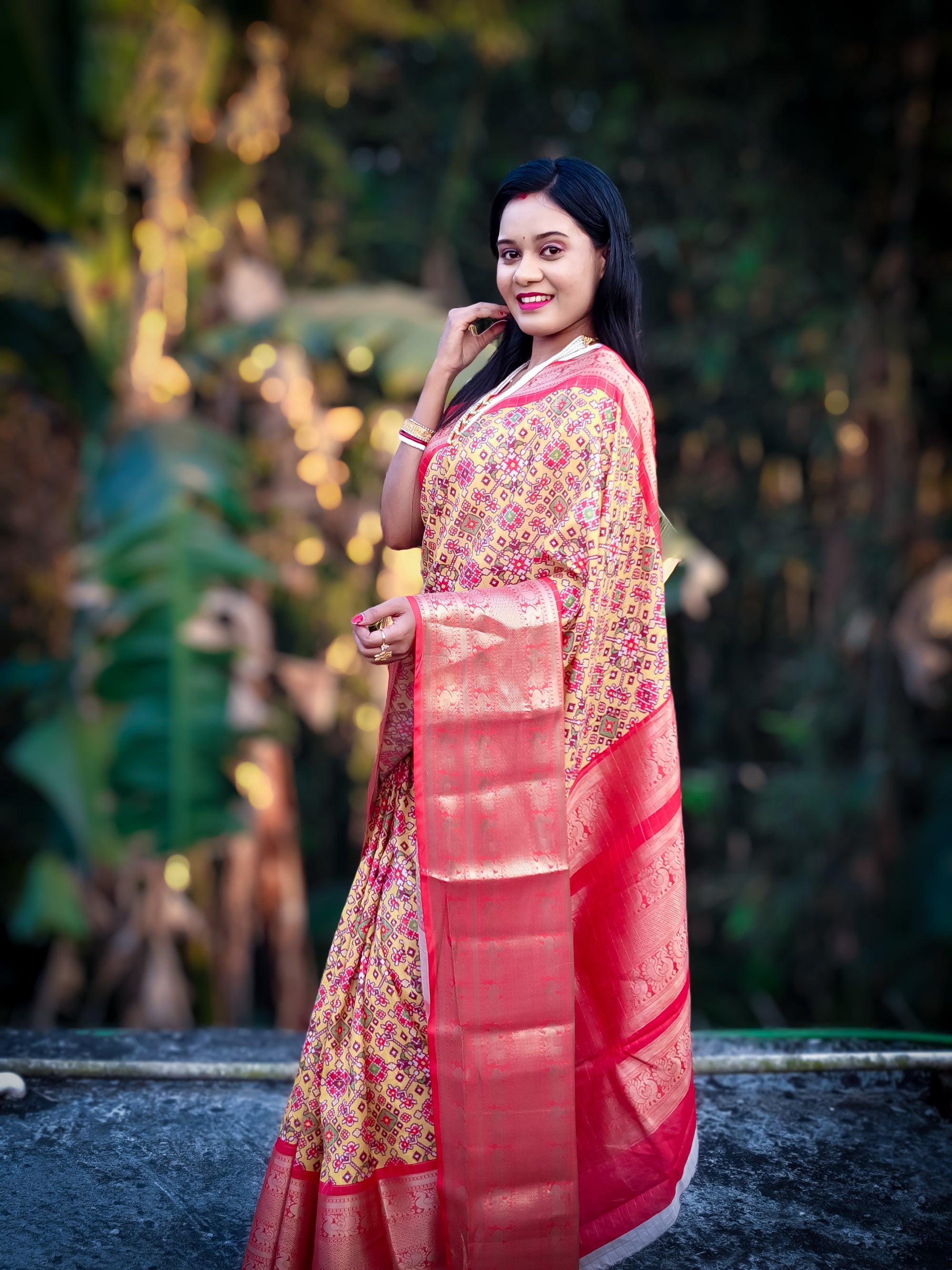 Yellow Soft Silk Patola Digital Printed Saree with Zari Checks & Jacquard Border