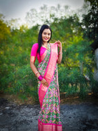 Green Soft Silk Patola Digital Printed Saree with Zari Checks & Jacquard Border