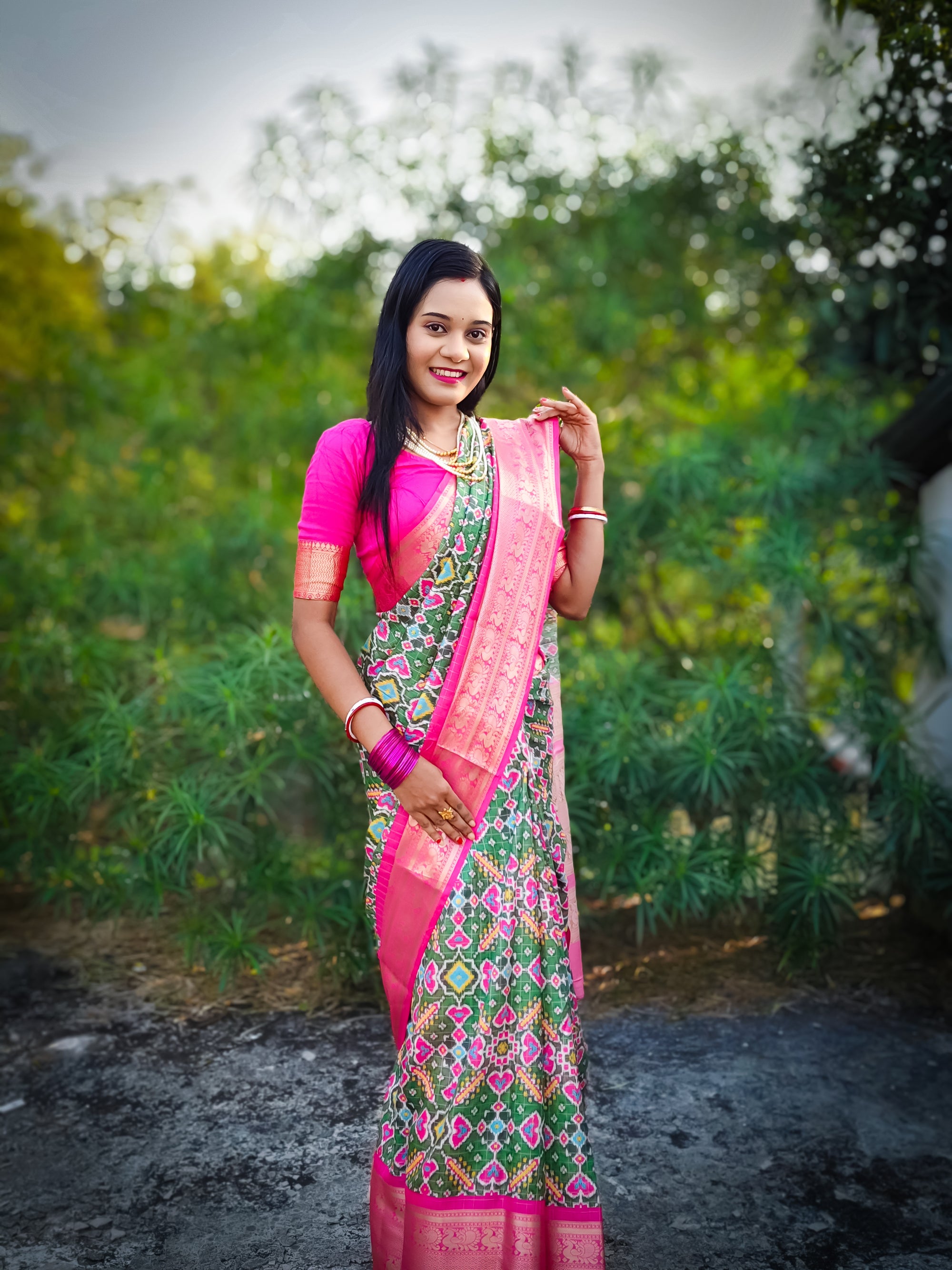 Green Soft Silk Patola Digital Printed Saree with Zari Checks & Jacquard Border