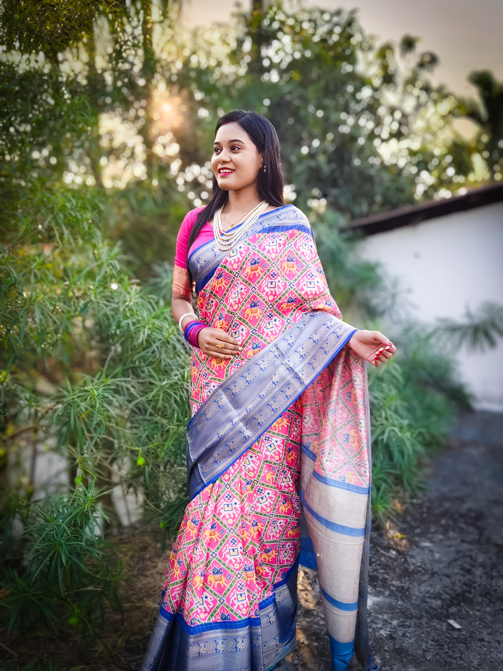 Pink Soft Silk Patola Digital Printed Saree with Zari Checks & Jacquard Border