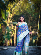 Blue Soft Silk Patola Digital Printed Saree with Zari Checks & Jacquard Border