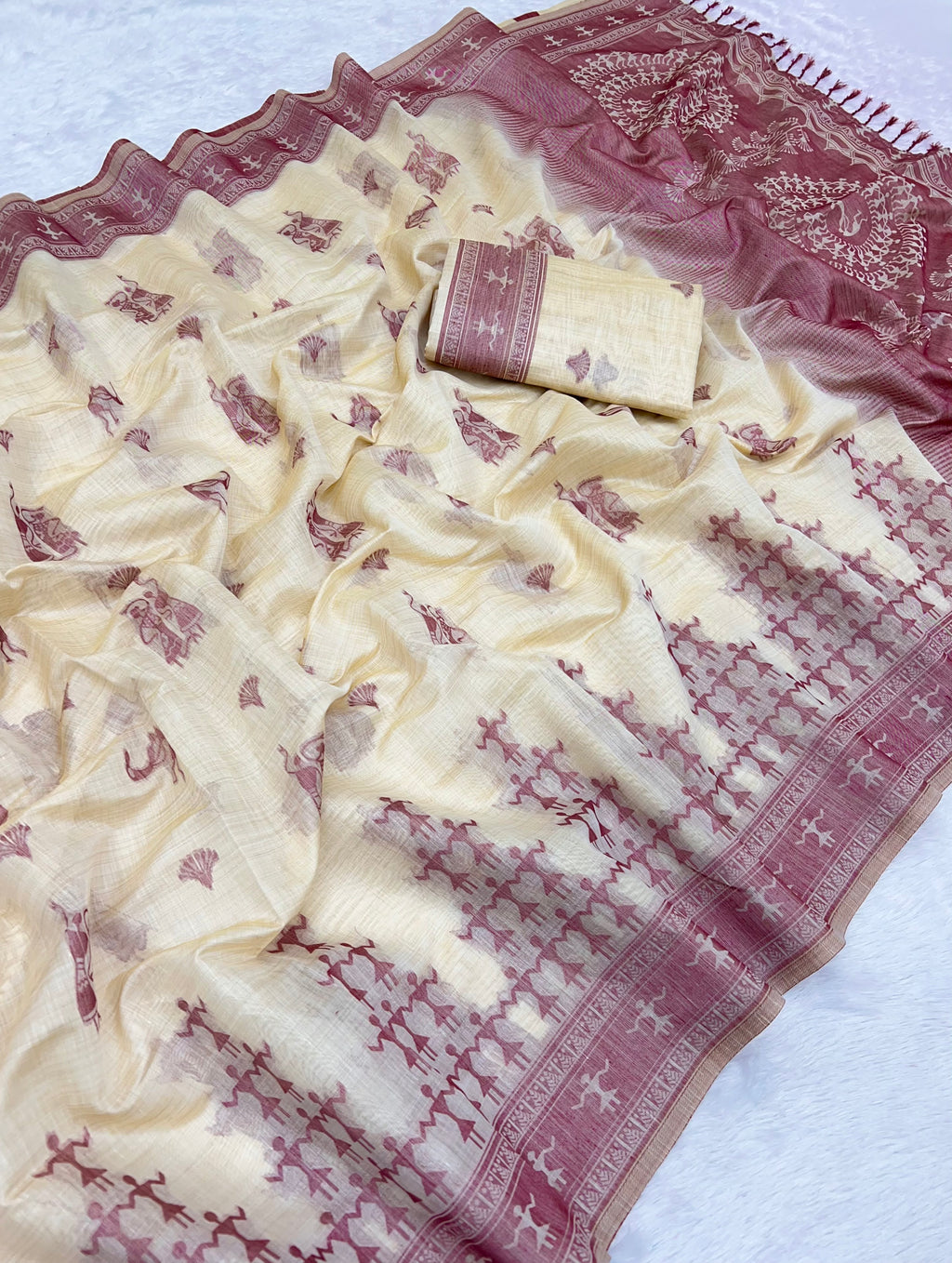 Beige Pure Muga Silk Saree with Contrast Warli Art Weave