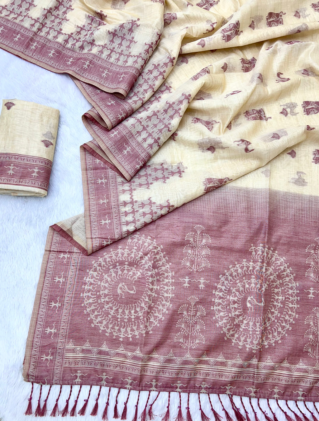 Beige Pure Muga Silk Saree with Contrast Warli Art Weave