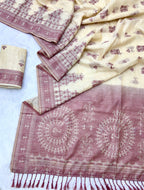 Beige Pure Muga Silk Saree with Contrast Warli Art Weave