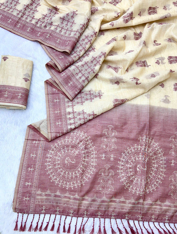Beige Pure Muga Silk Saree with Contrast Warli Art Weave