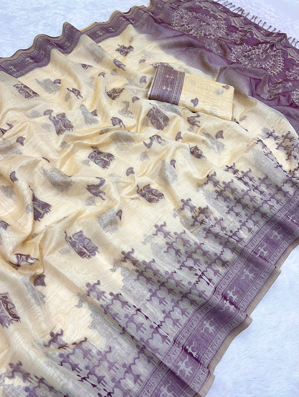 Beige Pure Muga Silk Saree with Contrast Warli Art Weave
