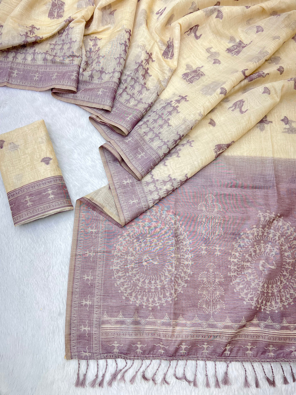 Beige Pure Muga Silk Saree with Contrast Warli Art Weave