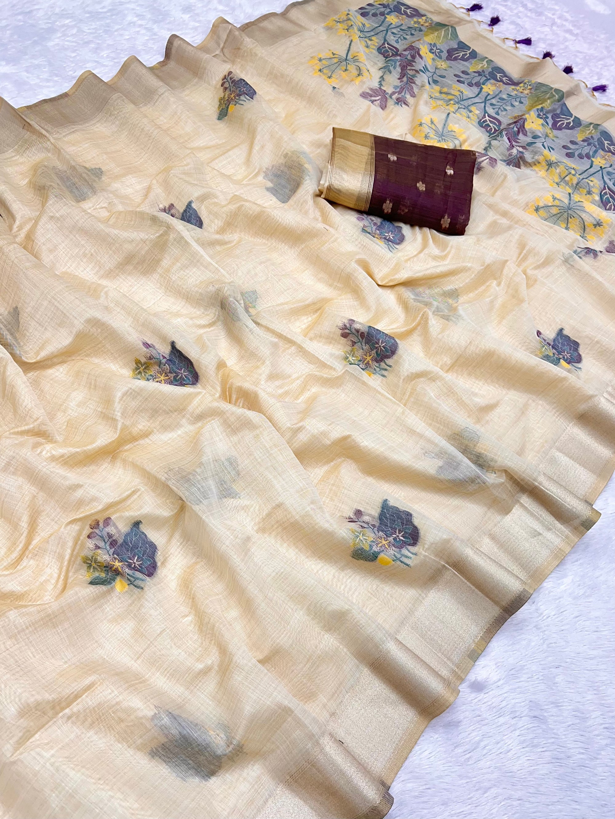 Beige Pure Muga Silk Saree with Contrast Floral Weave & Contrast Blouse