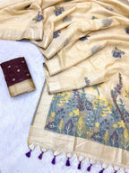 Beige Pure Muga Silk Saree with Contrast Floral Weave & Contrast Blouse