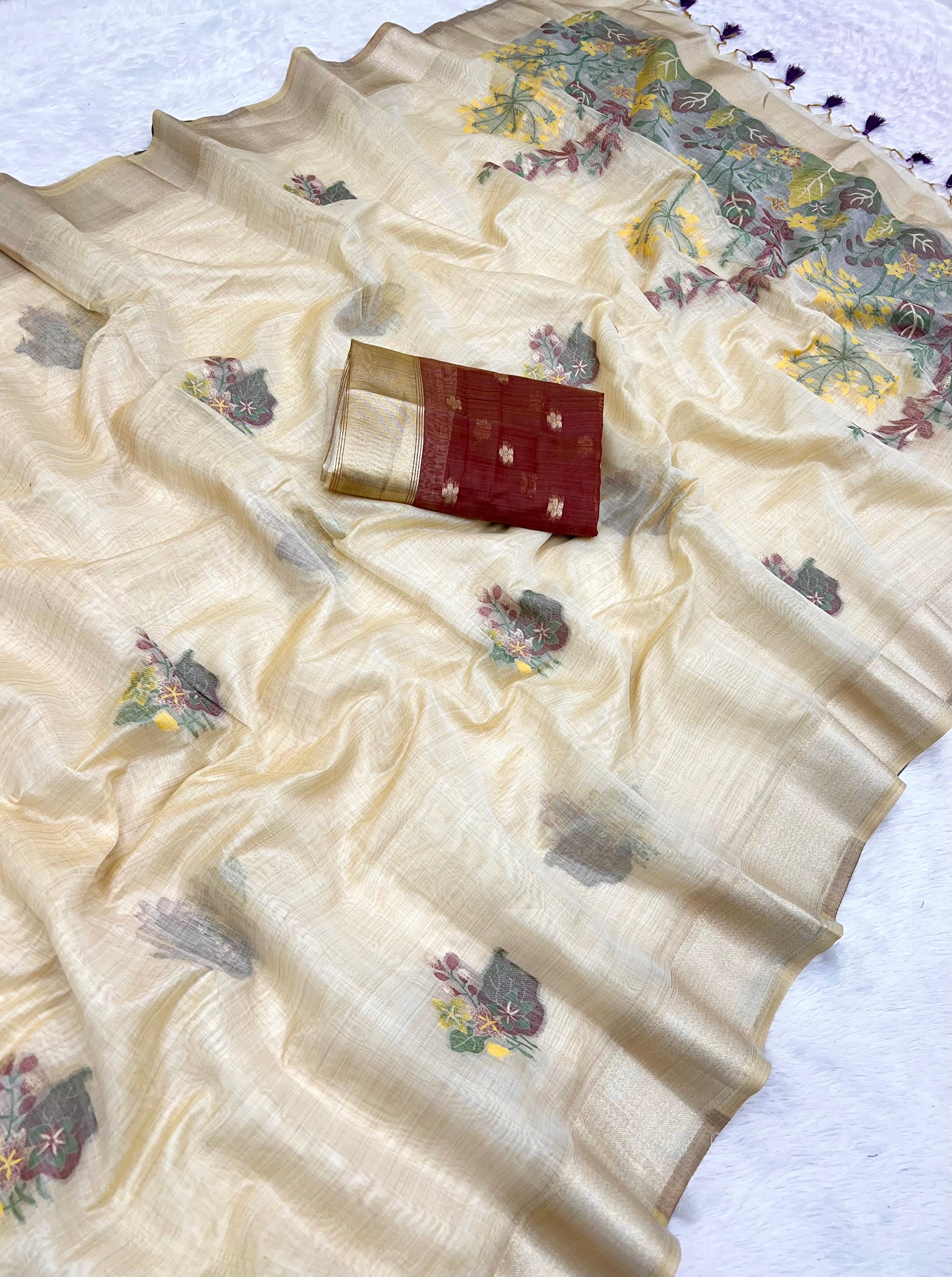 Beige Pure Muga Silk Saree with Contrast Floral Weave & Contrast Blouse