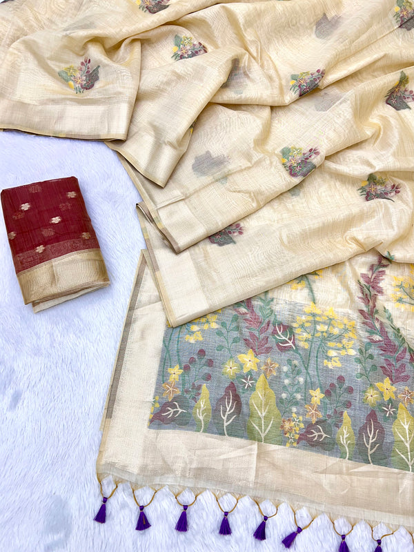 Beige Pure Muga Silk Saree with Contrast Floral Weave & Contrast Blouse