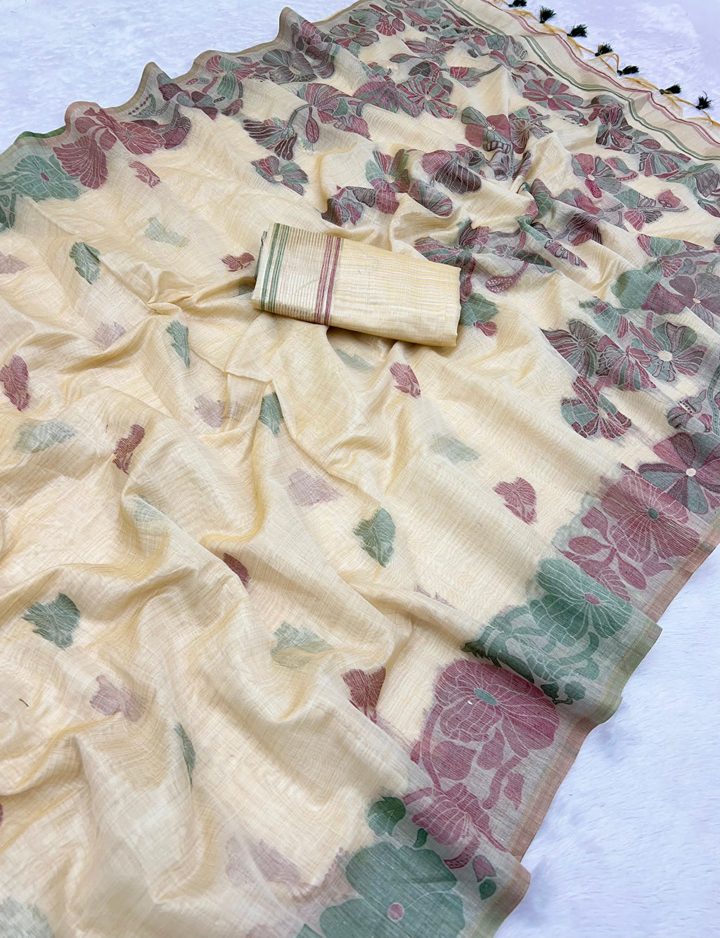 Beige Pure Muga Silk Saree with Contrast Flower Weave