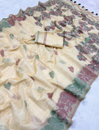 Beige Pure Muga Silk Saree with Contrast Flower Weave