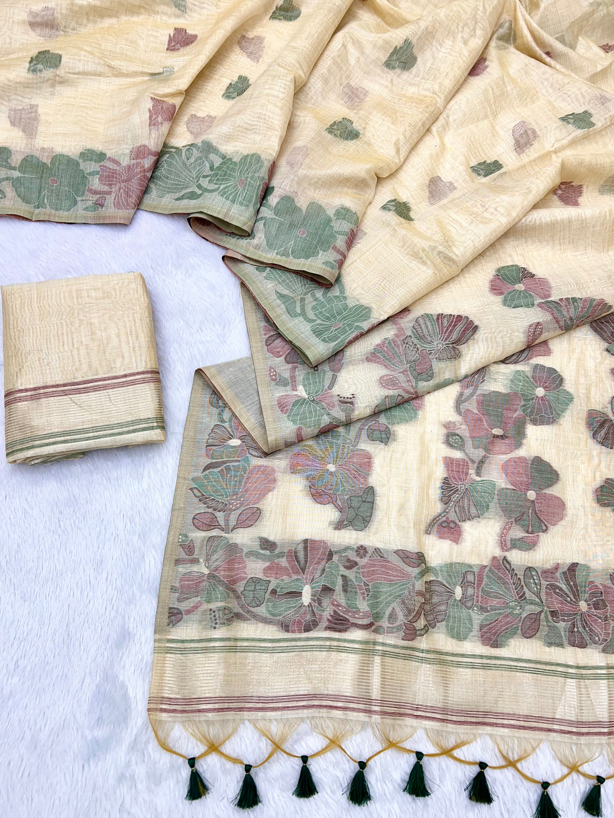 Beige Pure Muga Silk Saree with Contrast Flower Weave