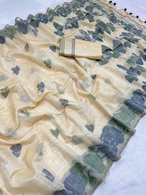 Beige Pure Muga Silk Saree with Contrast Flower Weave