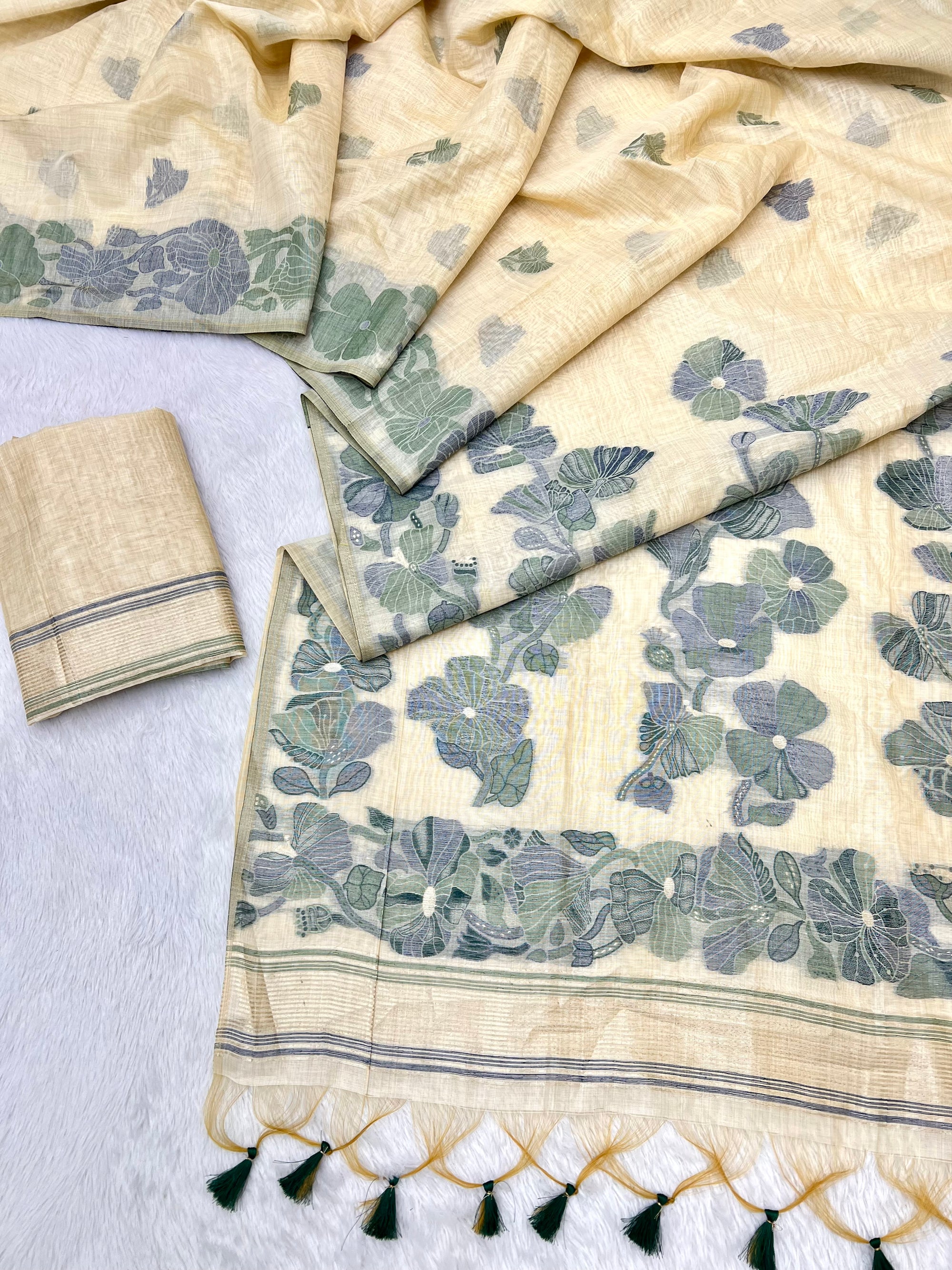 Beige Pure Muga Silk Saree with Contrast Flower Weave