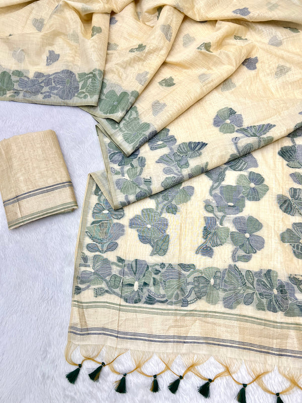 Beige Pure Muga Silk Saree with Contrast Flower Weave