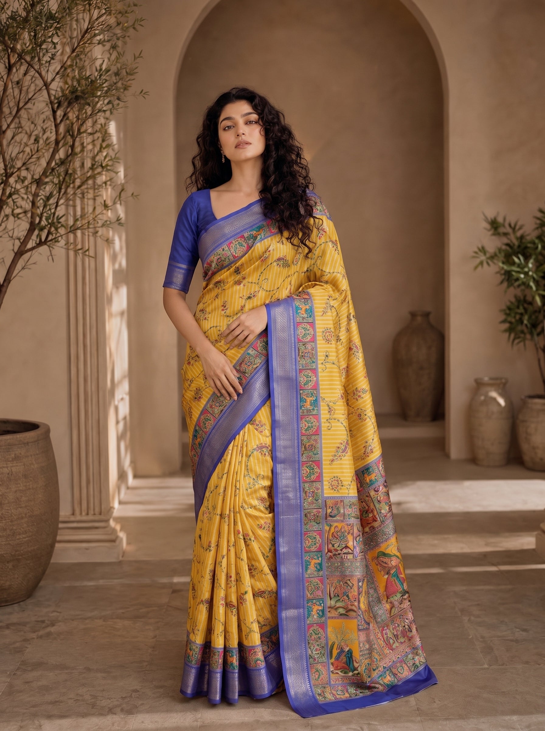 Varnesha Tussar Silk Saree – Mustard Heritage Digital Print