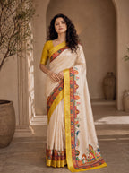 Varnesha Tussar Silk Saree – Cream Yellow Heritage Digital Print